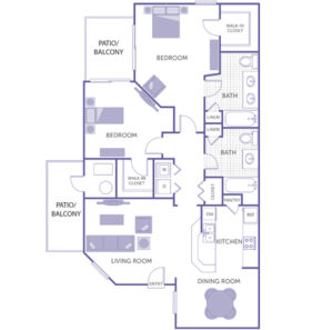 2 bed 2 bath floor plan, 2 walk-in closets, washer and dryer, kitchen and pantry, 2 linen closets, 1 additional closet, patio/balcony