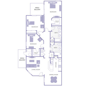 3 bed 2 bath floor plan, 2 walk-in closets, washer and dryer, kitchen and pantry, 2 linen closets, 1 additional closet, 2 patios/balconies